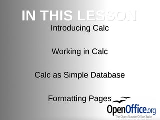 IN THIS LESSON
     Introducing Calc

     Working in Calc

 Calc as Simple Database

    Formatting Pages
 