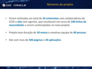 Números do projeto



• Foram realizadas um total de 24 entrevistas com colaboradores da
  CCEE e oito com agentes, que resultaram em cerca de 100 linhas de
  necessidades a serem contempladas no novo projeto

• Projeto teve duração de 10 meses e envolveu equipe de 40 pessoas

• Site com mais de 500 páginas e 20 aplicações
 