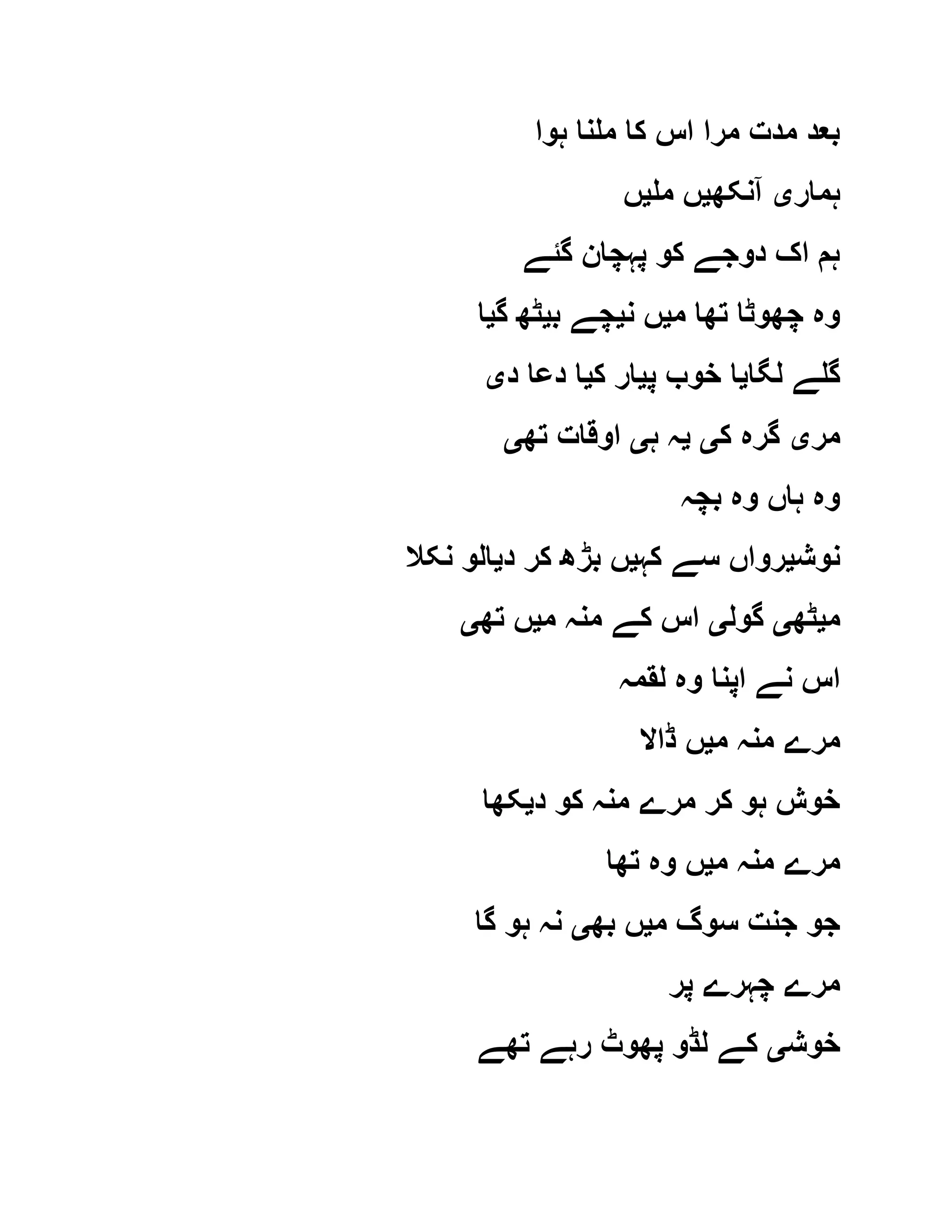 ‫ہوا‬ ‫ملنا‬ ‫کا‬ ‫اس‬ ‫مرا‬ ‫مدت‬ ‫بعد‬
‫ہمار‬‫ی‬‫آنکھ‬‫ی‬‫مل‬ ‫ں‬‫ی‬‫ں‬
‫گئے‬ ‫پہچان‬ ‫کو‬ ‫دوجے‬ ‫اک‬ ‫ہم‬
‫م‬ ‫تھا‬ ‫چھوٹا‬ ‫وہ‬‫ی‬‫ن‬ ‫ں‬‫ی‬‫ب‬ ‫چے‬‫ی‬‫گ‬ ‫ٹھ‬‫ی‬‫ا‬
‫لگا‬ ‫گلے‬‫ی‬‫پ‬ ‫خوب‬ ‫ا‬‫ی‬‫ک‬ ‫ار‬‫ی‬‫د‬ ‫دعا‬ ‫ا‬‫ی‬
‫مر‬‫ی‬‫ک‬ ‫گرہ‬‫ی‬‫ی‬‫ہ‬ ‫ہ‬‫ی‬‫تھ‬ ‫اوقات‬‫ی‬
‫بچہ‬ ‫وہ‬ ‫ہاں‬ ‫وہ‬
‫نوش‬‫ی‬‫کہ‬ ‫سے‬ ‫رواں‬‫ی‬‫د‬ ‫کر‬ ‫بڑھ‬ ‫ں‬‫ی‬‫نکال‬ ‫الو‬
‫م‬‫ی‬‫ٹھ‬‫ی‬‫گول‬‫ی‬‫م‬ ‫منہ‬ ‫کے‬ ‫اس‬‫ی‬‫تھ‬ ‫ں‬‫ی‬
‫لقمہ‬ ‫وہ‬ ‫اپنا‬ ‫نے‬ ‫اس‬
‫م‬ ‫منہ‬ ‫مرے‬‫ی‬‫ڈاال‬ ‫ں‬
‫د‬ ‫کو‬ ‫منہ‬ ‫مرے‬ ‫کر‬ ‫ہو‬ ‫خوش‬‫ی‬‫کھا‬
‫م‬ ‫منہ‬ ‫مرے‬‫ی‬‫تھا‬ ‫وہ‬ ‫ں‬
‫م‬ ‫سوگ‬ ‫جنت‬ ‫جو‬‫ی‬‫بھ‬ ‫ں‬‫ی‬‫گا‬ ‫ہو‬ ‫نہ‬
‫پر‬ ‫چہرے‬ ‫مرے‬
‫خوش‬‫ی‬‫تھے‬ ‫رہے‬ ‫پھوٹ‬ ‫لڈو‬ ‫کے‬
 
