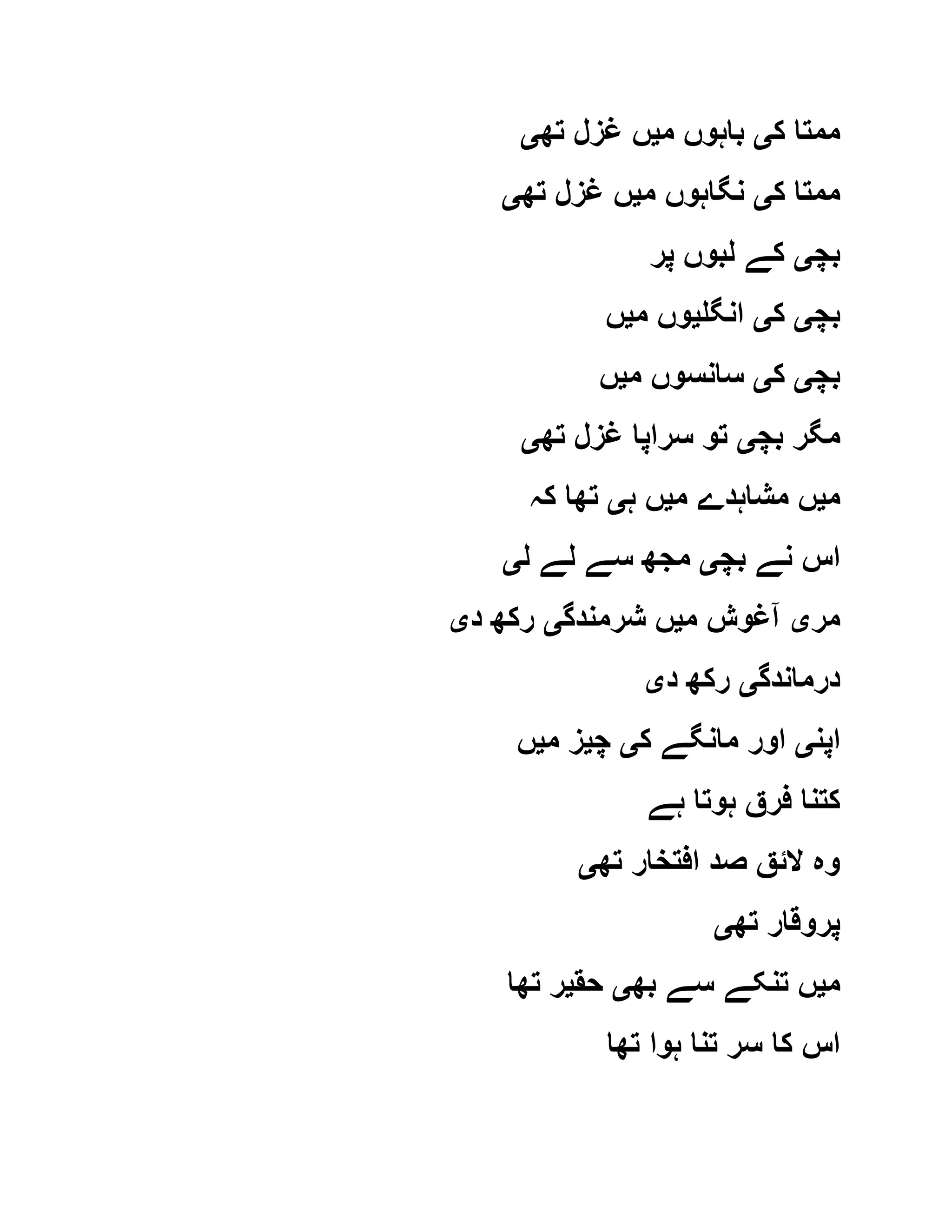‫ک‬ ‫ممتا‬‫ی‬‫م‬ ‫باہوں‬‫ی‬‫تھ‬ ‫غزل‬ ‫ں‬‫ی‬
‫ک‬ ‫ممتا‬‫ی‬‫م‬ ‫نگاہوں‬‫ی‬‫تھ‬ ‫غزل‬ ‫ں‬‫ی‬
‫بچ‬‫ی‬‫پر‬ ‫لبوں‬ ‫کے‬
‫بچ‬‫ی‬‫ک‬‫ی‬‫انگل‬‫ی‬‫م‬ ‫وں‬‫ی‬‫ں‬
‫بچ‬‫ی‬‫ک‬‫ی‬‫م‬ ‫سانسوں‬‫ی‬‫ں‬
‫بچ‬ ‫مگر‬‫ی‬‫تھ‬ ‫غزل‬ ‫سراپا‬ ‫تو‬‫ی‬
‫م‬‫ی‬‫م‬ ‫مشاہدے‬ ‫ں‬‫ی‬‫ہ‬ ‫ں‬‫ی‬‫کہ‬ ‫تھا‬
‫بچ‬ ‫نے‬ ‫اس‬‫ی‬‫ل‬ ‫لے‬ ‫سے‬ ‫مجھ‬‫ی‬
‫مر‬‫ی‬‫م‬ ‫آغوش‬‫ی‬‫شرمندگ‬ ‫ں‬‫ی‬‫د‬ ‫رکھ‬‫ی‬
‫درماندگ‬‫ی‬‫د‬ ‫رکھ‬‫ی‬
‫اپن‬‫ی‬‫ک‬ ‫مانگے‬ ‫اور‬‫ی‬‫چ‬‫ی‬‫م‬ ‫ز‬‫ی‬‫ں‬
‫ہے‬ ‫ہوتا‬ ‫فرق‬ ‫کتنا‬
‫تھ‬ ‫افتخار‬ ‫صد‬ ‫الئق‬ ‫وہ‬‫ی‬
‫تھ‬ ‫پروقار‬‫ی‬
‫م‬‫ی‬‫بھ‬ ‫سے‬ ‫تنکے‬ ‫ں‬‫ی‬‫حق‬‫ی‬‫تھا‬ ‫ر‬
‫تھا‬ ‫ہوا‬ ‫تنا‬ ‫سر‬ ‫کا‬ ‫اس‬
 