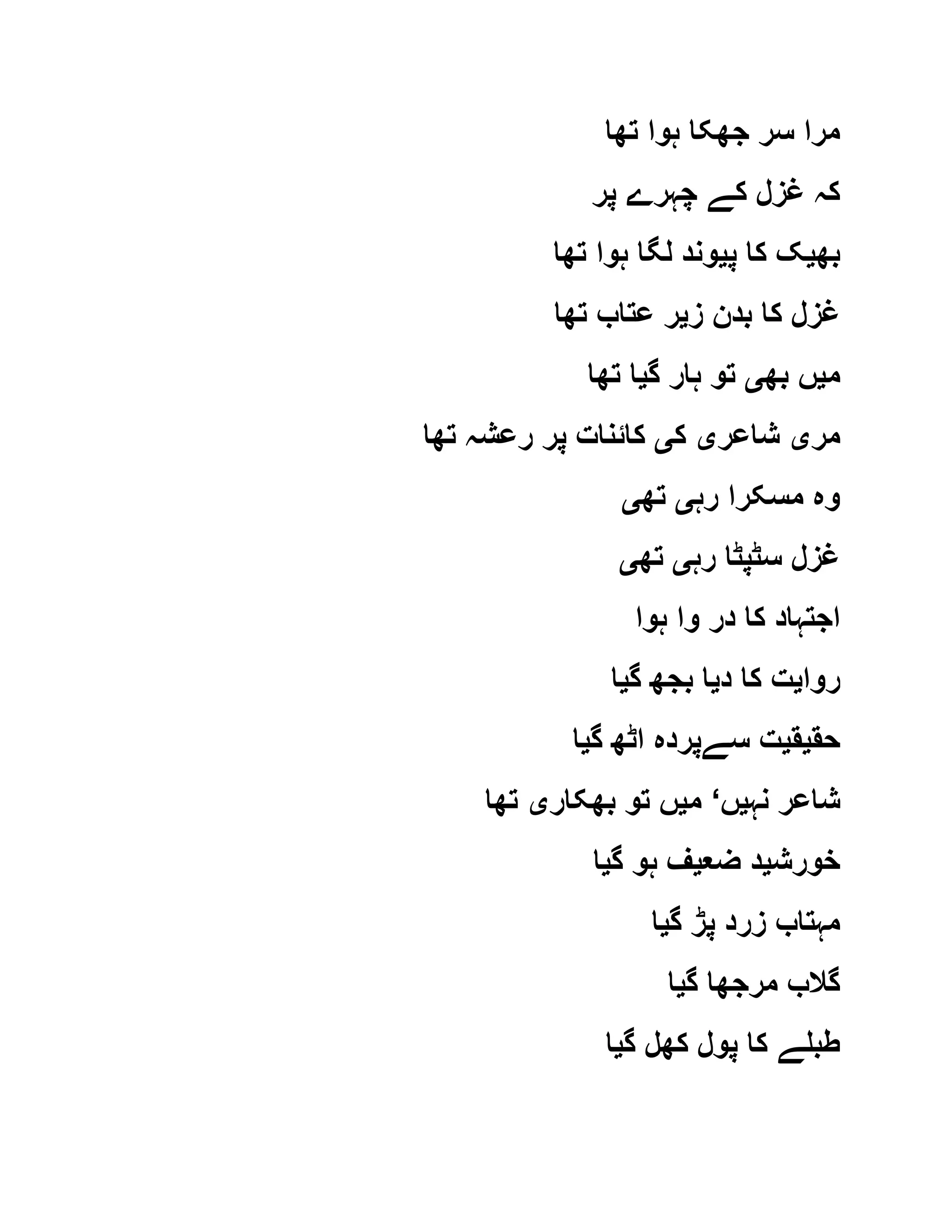 ‫ت‬ ‫ہوا‬ ‫جھکا‬ ‫سر‬ ‫مرا‬‫ھا‬
‫پر‬ ‫چہرے‬ ‫کے‬ ‫غزل‬ ‫کہ‬
‫بھ‬‫ی‬‫پ‬ ‫کا‬ ‫ک‬‫ی‬‫تھا‬ ‫ہوا‬ ‫لگا‬ ‫وند‬
‫ز‬ ‫بدن‬ ‫کا‬ ‫غزل‬‫ی‬‫تھا‬ ‫عتاب‬ ‫ر‬
‫م‬‫ی‬‫بھ‬ ‫ں‬‫ی‬‫گ‬ ‫ہار‬ ‫تو‬‫ی‬‫تھا‬ ‫ا‬
‫مر‬‫ی‬‫شاعر‬‫ی‬‫ک‬‫ی‬‫تھا‬ ‫رعشہ‬ ‫پر‬ ‫کائنات‬
‫رہ‬ ‫مسکرا‬ ‫وہ‬‫ی‬‫تھ‬‫ی‬
‫رہ‬ ‫سٹپٹا‬ ‫غزل‬‫ی‬‫تھ‬‫ی‬
‫ہوا‬ ‫وا‬ ‫در‬ ‫کا‬ ‫اجتہاد‬
‫روا‬‫ی‬‫د‬ ‫کا‬ ‫ت‬‫ی‬‫گ‬ ‫بجھ‬ ‫ا‬‫ی‬‫ا‬
‫حق‬‫ی‬‫ق‬‫ی‬‫گ‬ ‫اٹھ‬ ‫سےپردہ‬ ‫ت‬‫ی‬‫ا‬
‫نہ‬ ‫شاعر‬‫ی‬‫ں‬‘‫م‬‫ی‬‫بھکار‬ ‫تو‬ ‫ں‬‫ی‬‫تھا‬
‫خور‬‫ش‬‫ی‬‫ضع‬ ‫د‬‫ی‬‫گ‬ ‫ہو‬ ‫ف‬‫ی‬‫ا‬
‫گ‬ ‫پڑ‬ ‫زرد‬ ‫مہتاب‬‫ی‬‫ا‬
‫گ‬ ‫مرجھا‬ ‫گالب‬‫ی‬‫ا‬
‫گ‬ ‫کھل‬ ‫پول‬ ‫کا‬ ‫طبلے‬‫ی‬‫ا‬
 
