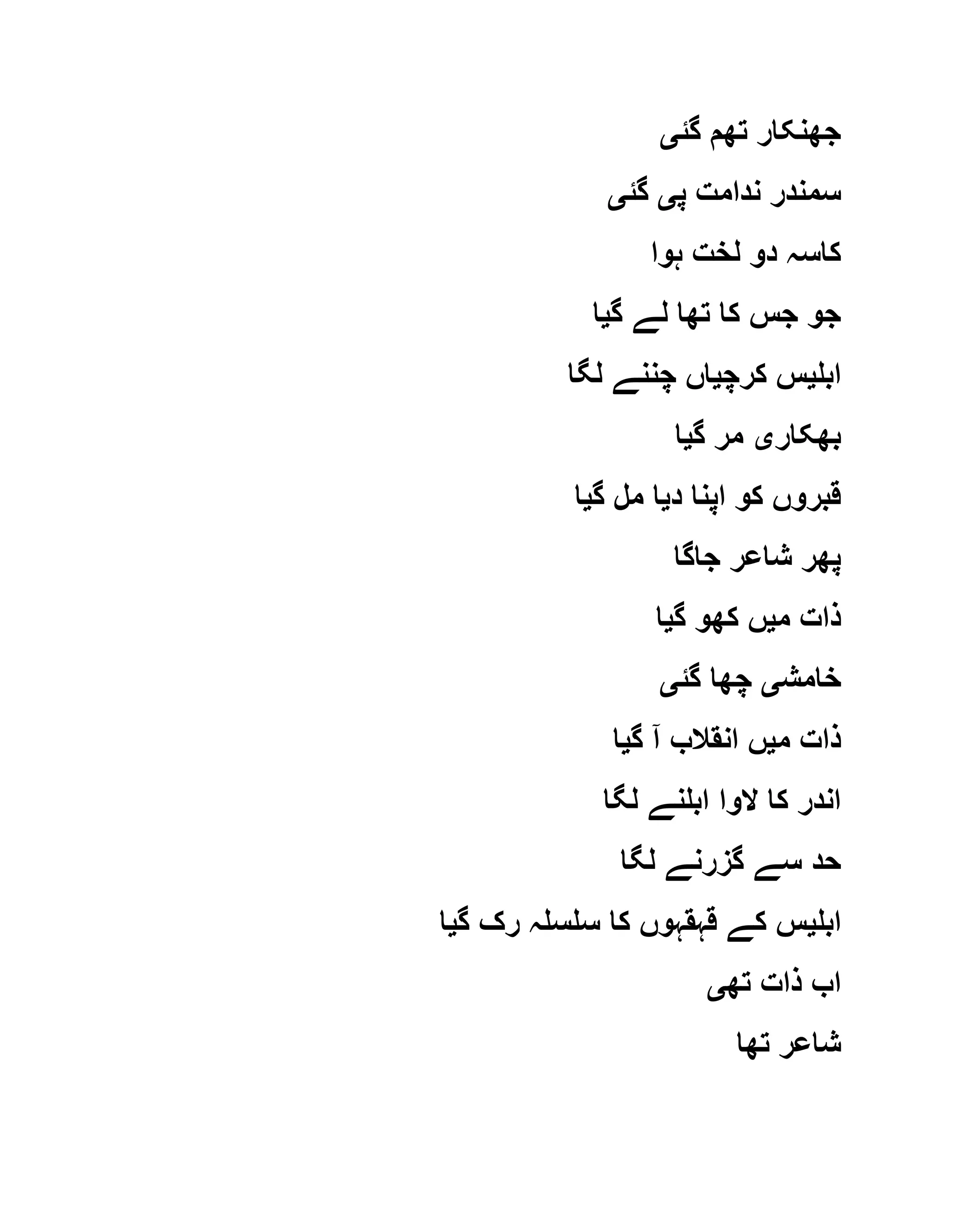 ‫گئ‬ ‫تھم‬ ‫جھنکار‬‫ی‬
‫پ‬ ‫ندامت‬ ‫سمندر‬‫ی‬‫گئ‬‫ی‬
‫ہوا‬ ‫لخت‬ ‫دو‬ ‫کاسہ‬
‫گ‬ ‫لے‬ ‫تھا‬ ‫کا‬ ‫جس‬ ‫جو‬‫ی‬‫ا‬
‫ابل‬‫ی‬‫کرچ‬ ‫س‬‫ی‬‫لگا‬ ‫چننے‬ ‫اں‬
‫بھکار‬‫ی‬‫گ‬ ‫مر‬‫ی‬‫ا‬
‫د‬ ‫اپنا‬ ‫کو‬ ‫قبروں‬‫ی‬‫گ‬ ‫مل‬ ‫ا‬‫ی‬‫ا‬
‫جاگا‬ ‫شاعر‬ ‫پھر‬
‫م‬ ‫ذات‬‫ی‬‫گ‬ ‫کھو‬ ‫ں‬‫ی‬‫ا‬
‫خامش‬‫ی‬‫گئ‬ ‫چھا‬‫ی‬
‫م‬ ‫ذات‬‫ی‬‫انقال‬ ‫ں‬‫گ‬ ‫آ‬ ‫ب‬‫ی‬‫ا‬
‫لگا‬ ‫ابلنے‬ ‫الوا‬ ‫کا‬ ‫اندر‬
‫لگا‬ ‫گزرنے‬ ‫سے‬ ‫حد‬
‫ابل‬‫ی‬‫گ‬ ‫رک‬ ‫سلسلہ‬ ‫کا‬ ‫قہقہوں‬ ‫کے‬ ‫س‬‫ی‬‫ا‬
‫تھ‬ ‫ذات‬ ‫اب‬‫ی‬
‫تھا‬ ‫شاعر‬
 