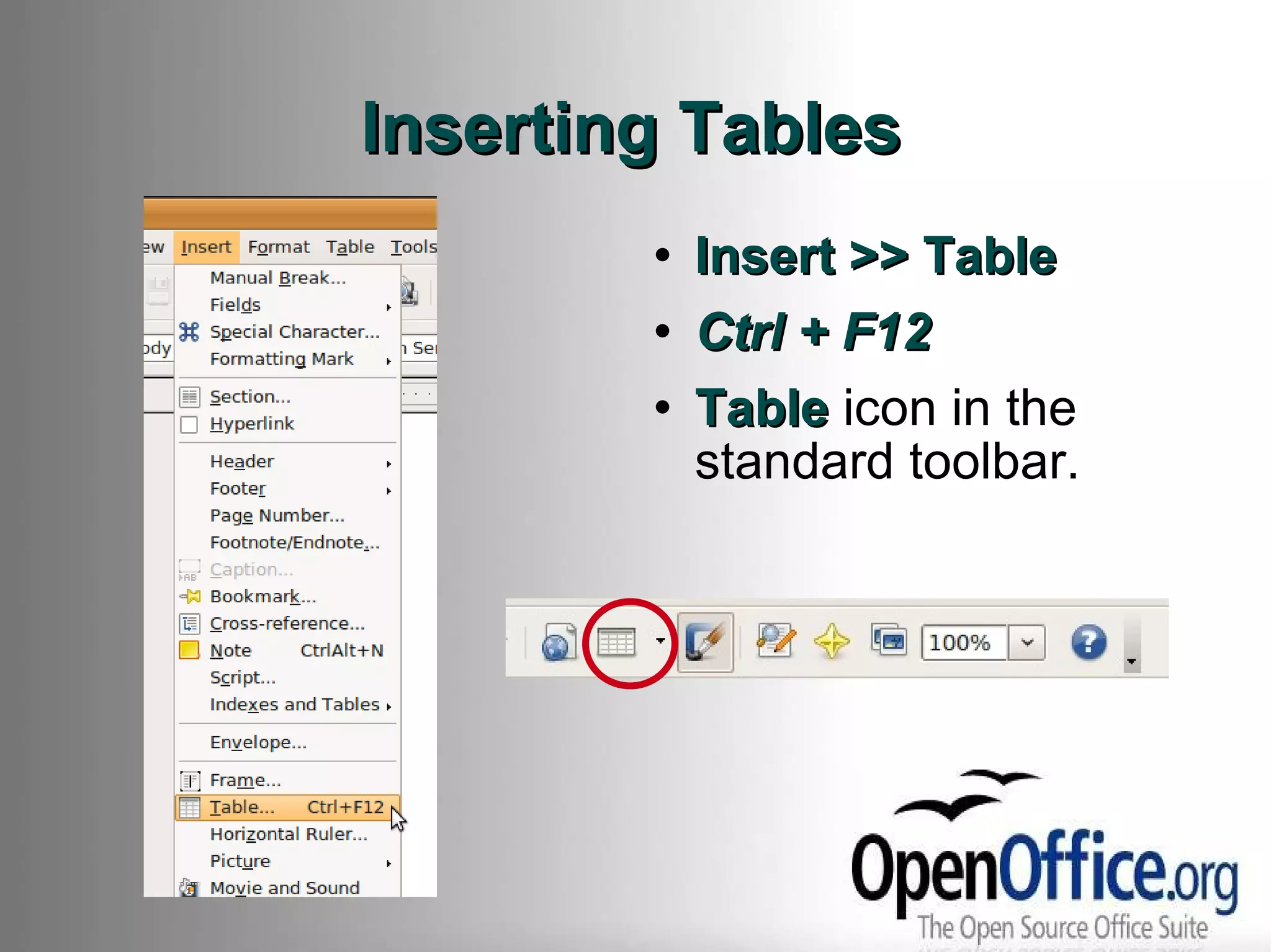 Inserting Tables Insert >> Table  Ctrl +   F12 Table  icon   in the standard toolbar. 