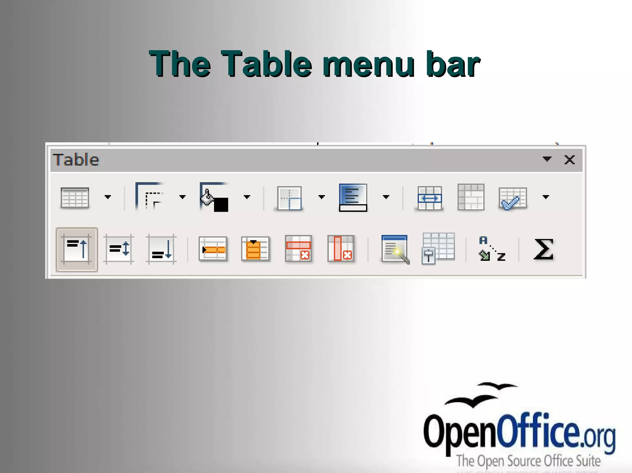 The Table menu bar 