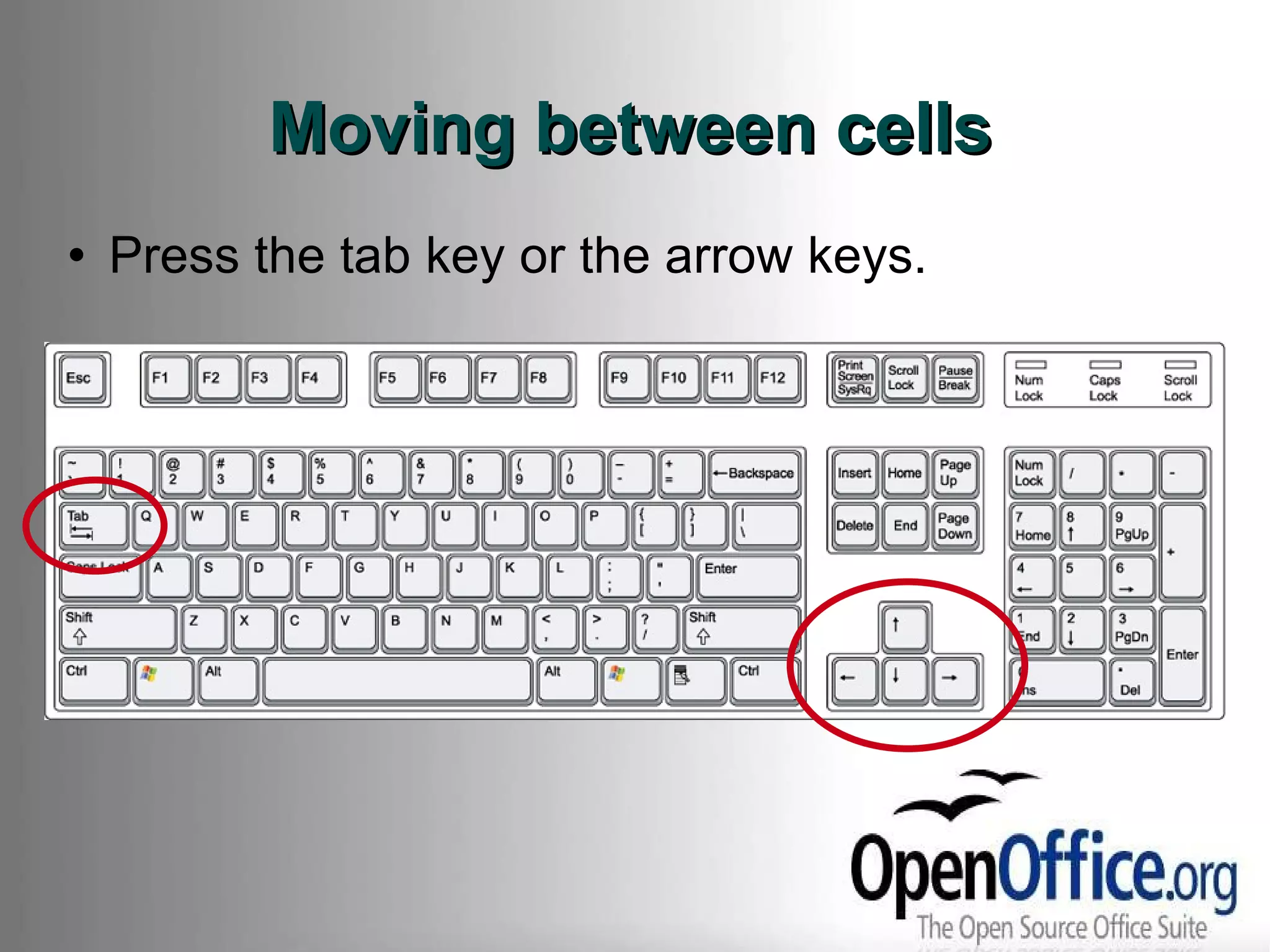 Moving between cells Press the tab key or the arrow keys. 