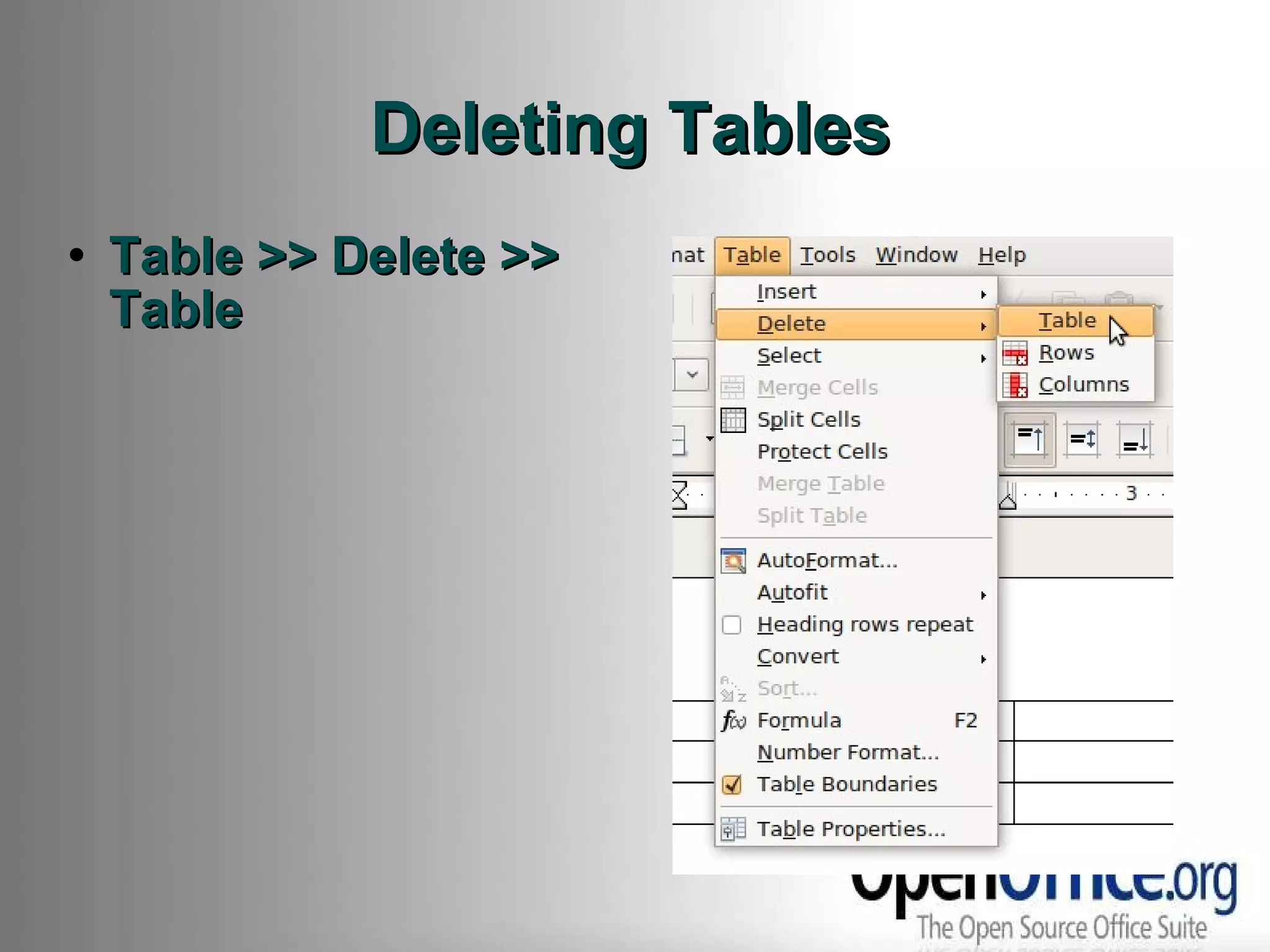 Deleting Tables Table >> Delete >> Table 