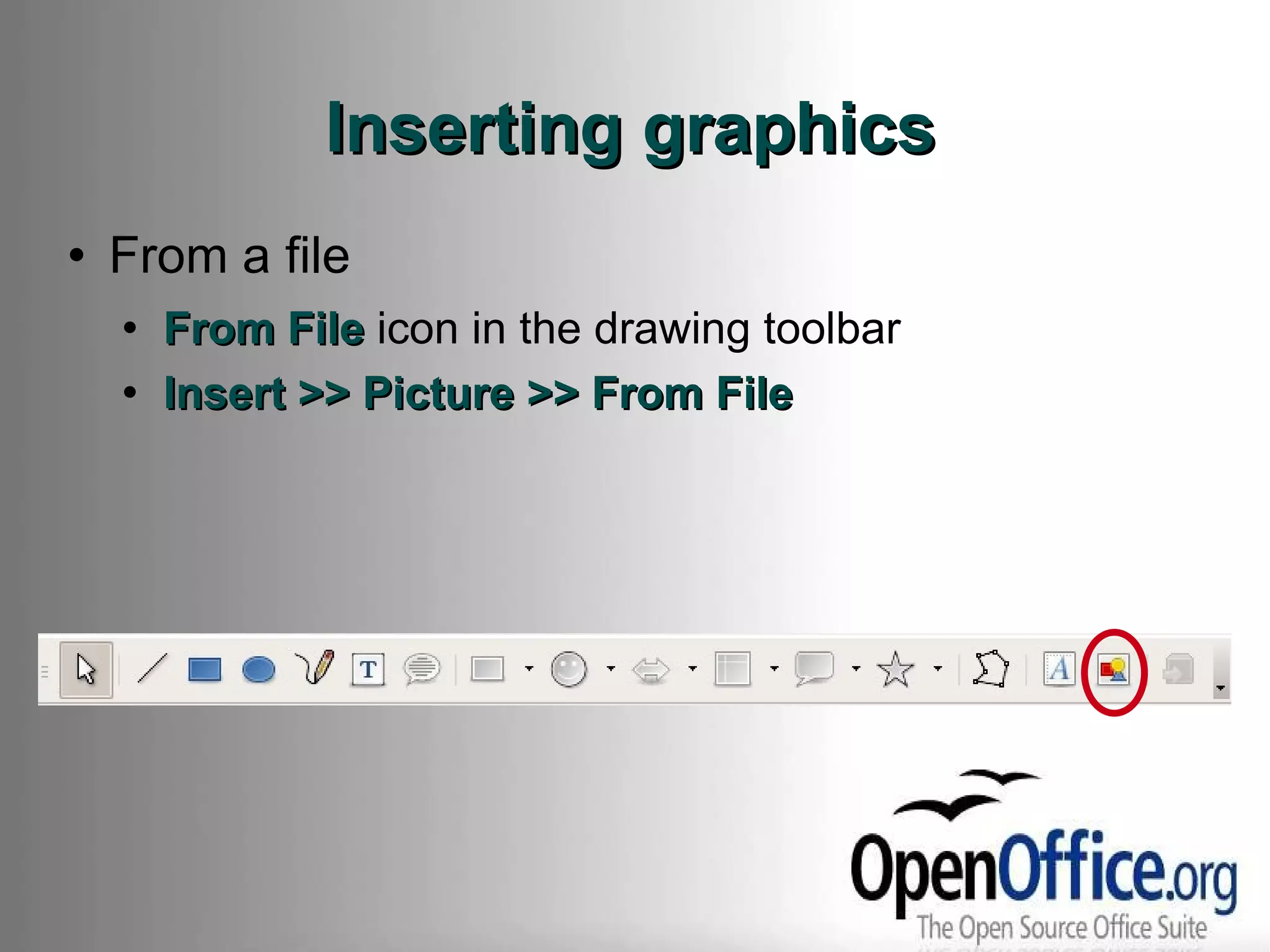 Inserting graphics From a file From File  icon in the drawing toolbar Insert >> Picture >> From File  