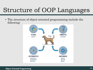 • The structure of object-oriented programming include the
following:
Object Oriented Programming 19
Structure of OOP Languages
 