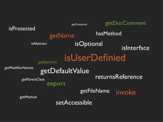 getConstants      getDocComment
  isProtected
                          getName                 hasMethod
             isAbstract              isOptional
                                                              isInterface
                   getStartLine
                                  isUserDeﬁnied
getModiﬁerNames
                    getDefaultValue
        getParentClass                            returnsReference
                          export
                                         getFileName     invoke
       getMethod
                              setAccessible
 
