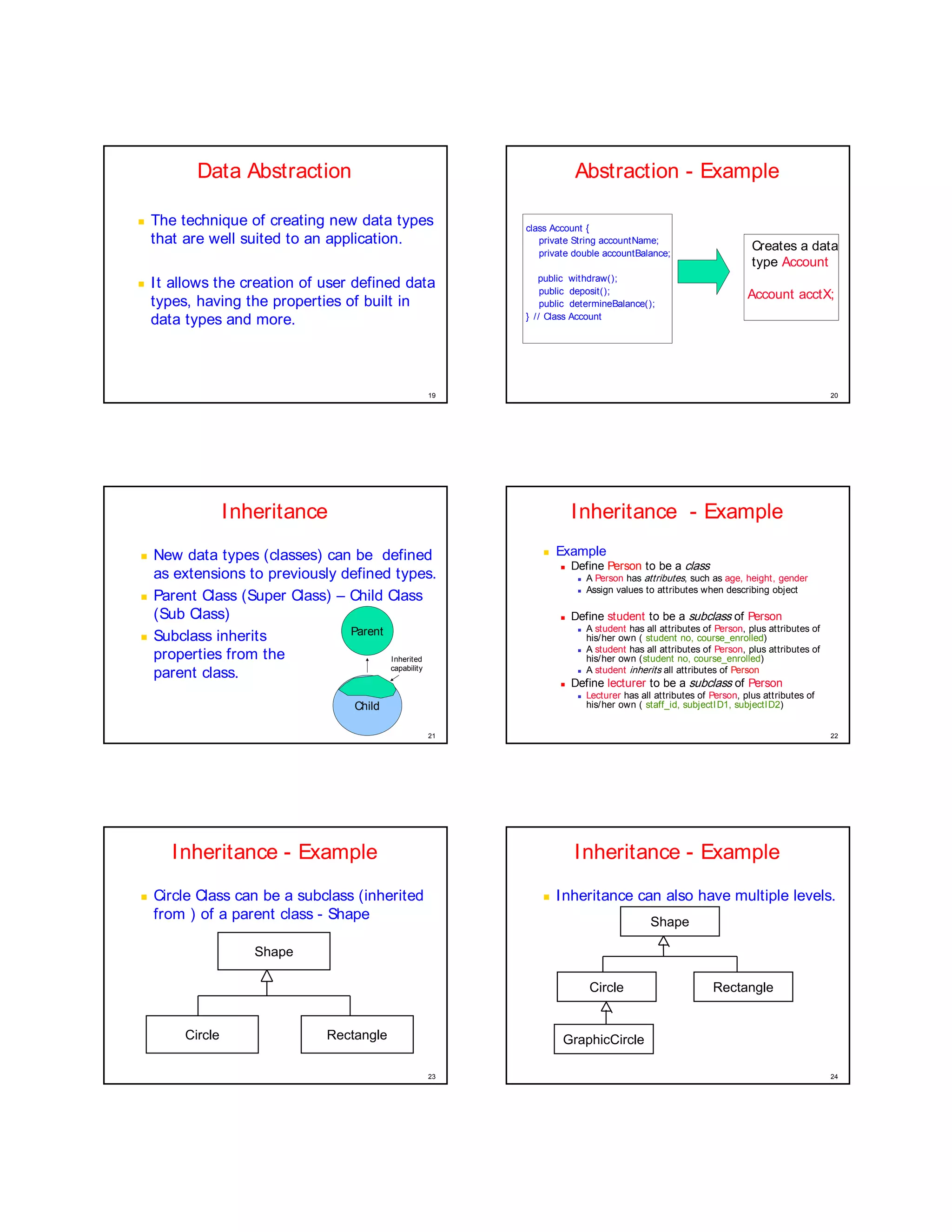 Data Abstraction                                       Abstraction - Example
¤




        The technique of creating new data types         class Account {
        that are well suited to an application.             private String accountName;
                                                                                                                    Creates a data
                                                            private double accountBalance;
                                                                                                                    type Account
                                                            public withdraw();
¤




        I t allows the creation of user defined data         public deposit();                                     Account acctX;
        types, having the properties of built in             public determineBalance();
                                                         } // Class Account
        data types and more.



                                                    19                                                                                  20




                      Inheritance                                     Inheritance - Example
    ¤




        New data types (classes) can be defined
                                                             ¥




                                                                 Example
                                                                 ¦




                                                                      Define Person to be a class
        as extensions to previously defined types.                     §




                                                                           A Person has attributes, such as age, height, gender
                                                                           Assign values to attributes when describing object
        Parent Class (Super Class) – Child Class
                                                                       §




    ¤




        (Sub Class)                                              ¦




                                                                      Define student to be a subclass of Person
                                     Parent
                                                                       §




                                                                           A student has all attributes of Person, plus attributes of
    ¤




        Subclass inherits                                                  his/her own ( student no, course_enrolled)
                                                                           A student has all attributes of Person, plus attributes of
        properties from the
                                                                       §




                                            Inherited                      his/her own (student no, course_enrolled)
                                            capability                     A student inherits all attributes of Person
        parent class.
                                                                       §




                                                                 ¦




                                                                      Define lecturer to be a subclass of Person
                                                                       §




                                                                           Lecturer has all attributes of Person, plus attributes of
                                        Child                              his/her own ( staff_id, subjectI D1, subjectID2)


                                                    21                                                                                  22




           Inheritance - Example                                      Inheritance - Example
    ¤




        Circle Class can be a subclass (inherited            ¤




                                                                 I nheritance can also have multiple levels.
        from ) of a parent class - Shape                                                   Shape

                         Shape

                                                                           Circle                         Rectangle


             Circle                 Rectangle                        GraphicCircle

                                                    23                                                                                  24
 