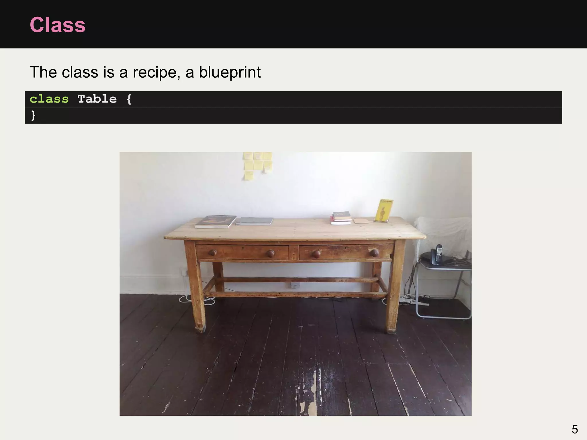 Class

The class is a recipe, a blueprint
class Table {
}




                                     5
 
