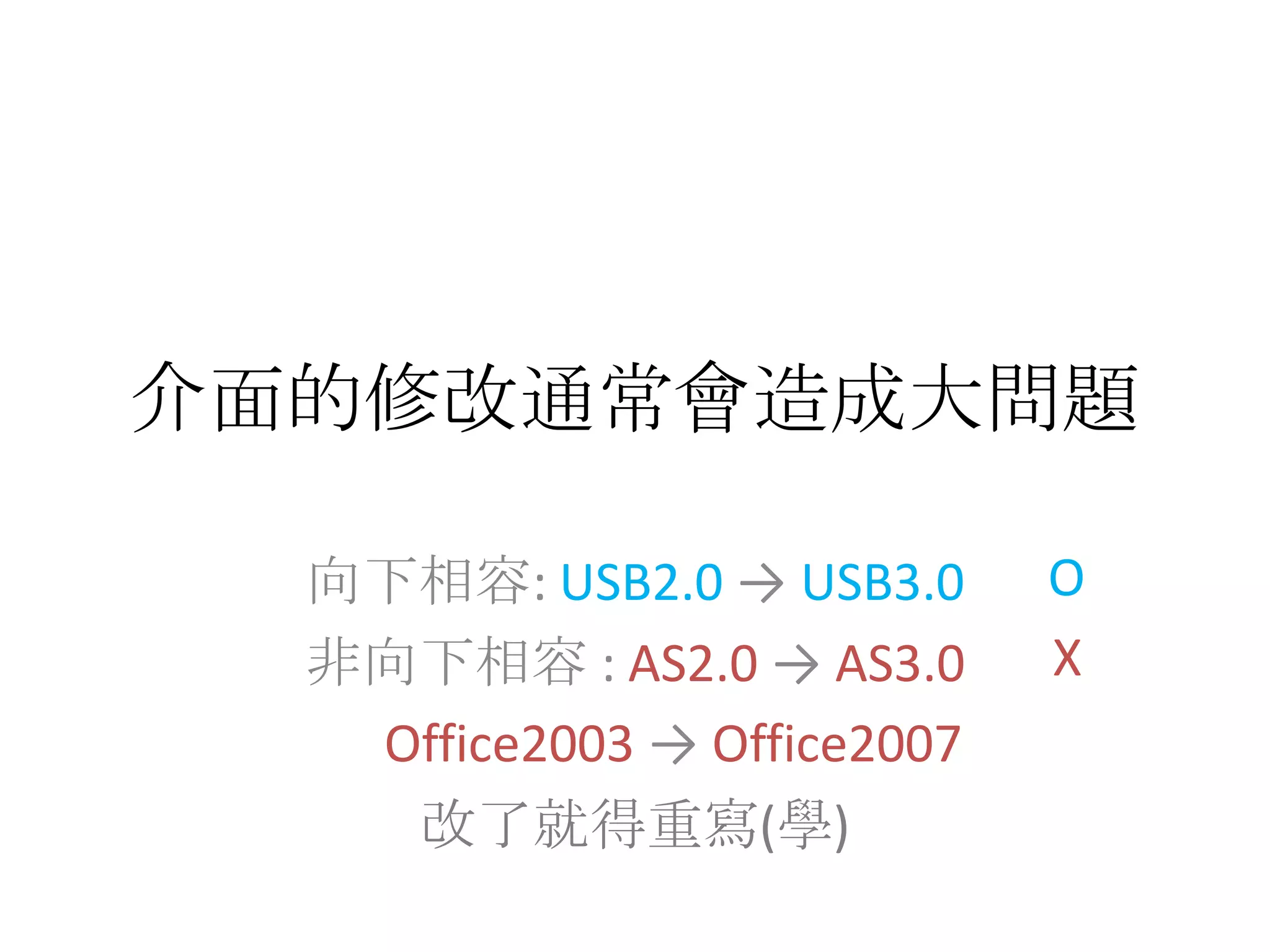 介面的修改通常會造成大問題O向下相容:USB2.0 -> USB3.0非向下相容 :AS2.0 -> AS3.0Office2003 -> Office2007改了就得重寫(學)X
