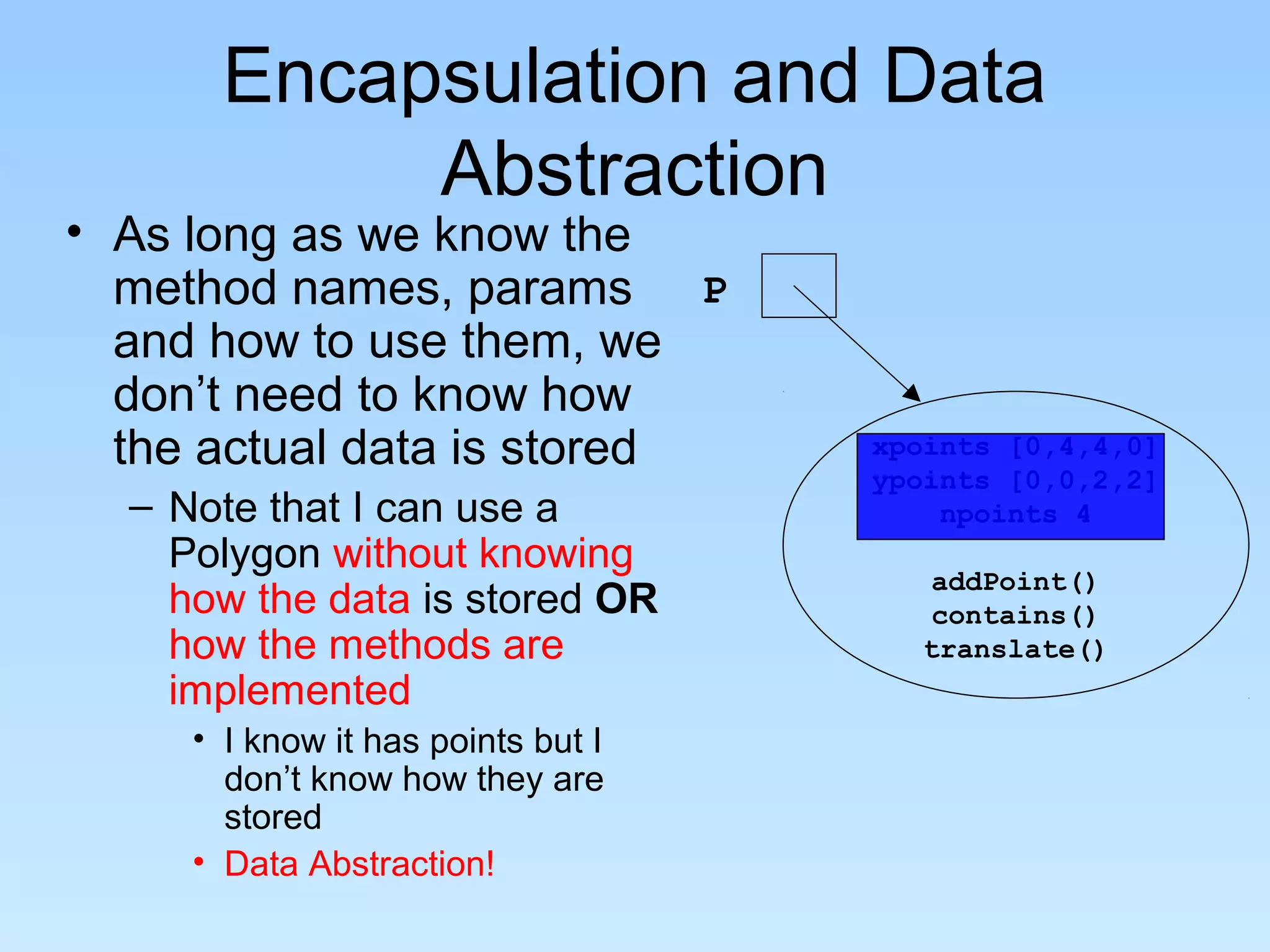 Encapsulation and Data
            Abstraction
• As long as we know the
  method names, params P
  and how to use them, we
  don’t need to know how
  the actual data is stored         xpoints [0,4,4,0]
                                    ypoints [0,0,2,2]
  – Note that I can use a               npoints 4
    Polygon without knowing
                                       addPoint()
    how the data is stored OR          contains()
    how the methods are                translate()
    implemented
     • I know it has points but I
       don’t know how they are
       stored
     • Data Abstraction!
 