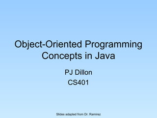 Object-Oriented Programming
      Concepts in Java
             PJ Dillon
              CS401



        Slides adapted from Dr. Ramirez
 
