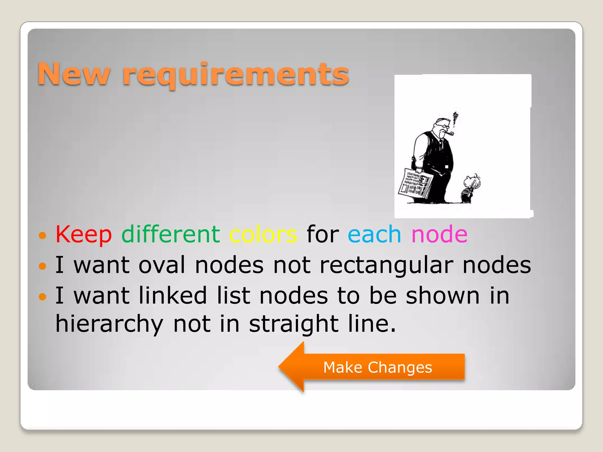 New requirements




 Keep different colors for each node
 I want oval nodes not rectangular nodes
 I want linked list nodes to be shown in
  hierarchy not in straight line.
                       Make Changes
 