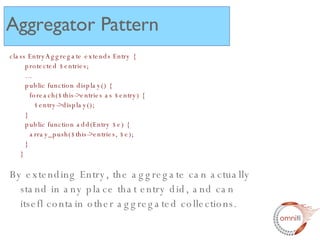 class EntryAggregate extends Entry {   protected $entries;   ...   public function display() {   foreach($this->entries as $entry) {   $entry->display();   }   public function add(Entry $e) {   array_push($this->entries, $e);   }  } By extending Entry, the aggregate can actually stand in any place that entry did, and can itsefl contain other aggregated collections. Aggregator Pattern 