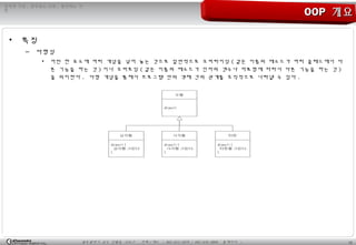 12광주광역시 남구 진월동 314-7 전화 / 팩스 : 062-653-2879 / 062-676-4869 홈페이지 :
정직한 기업 , 공부하는 사원 , 발전하는 가
민
OOPOOP 개요개요
• 특징
– 다형성
• 어떤 한 요소에 여러 개념을 넣어 놓는 것으로 일반적으로 오버라이딩 ( 같은 이름의 메소드가 여러 클래스에서 다
른 기능을 하는 것 ) 이나 오버로딩 ( 같은 이름의 메소드가 인자의 갯수나 자료형에 따라서 다른 기능을 하는 것 )
을 의미한다 . 다형 개념을 통해서 프로그램 안의 객체 간의 관계를 조직적으로 나타낼 수 있다 .
 