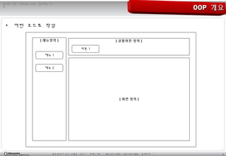 5광주광역시 남구 진월동 314-7 전화 / 팩스 : 062-653-2879 / 062-676-4869 홈페이지 :
정직한 기업 , 공부하는 사원 , 발전하는 가
민
OOPOOP 개요개요
• 어떤 코드로 작성
[ 메뉴영역 ]
메뉴 1
메뉴 2
[ 공통버튼 영역 ]
[ 화면 영역 ]
버튼 1
 