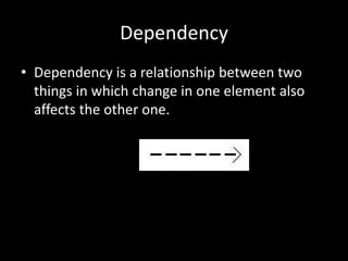 Dependency
• Dependency is a relationship between two
things in which change in one element also
affects the other one.
 