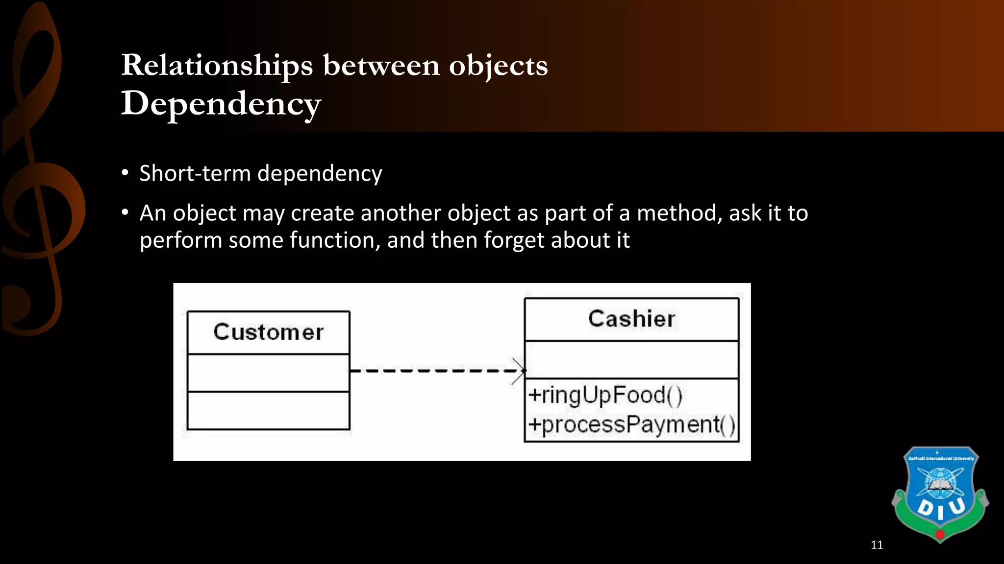 Relationships between objects
Dependency
• Short-term dependency
• An object may create another object as part of a method, ask it to
perform some function, and then forget about it
11
 