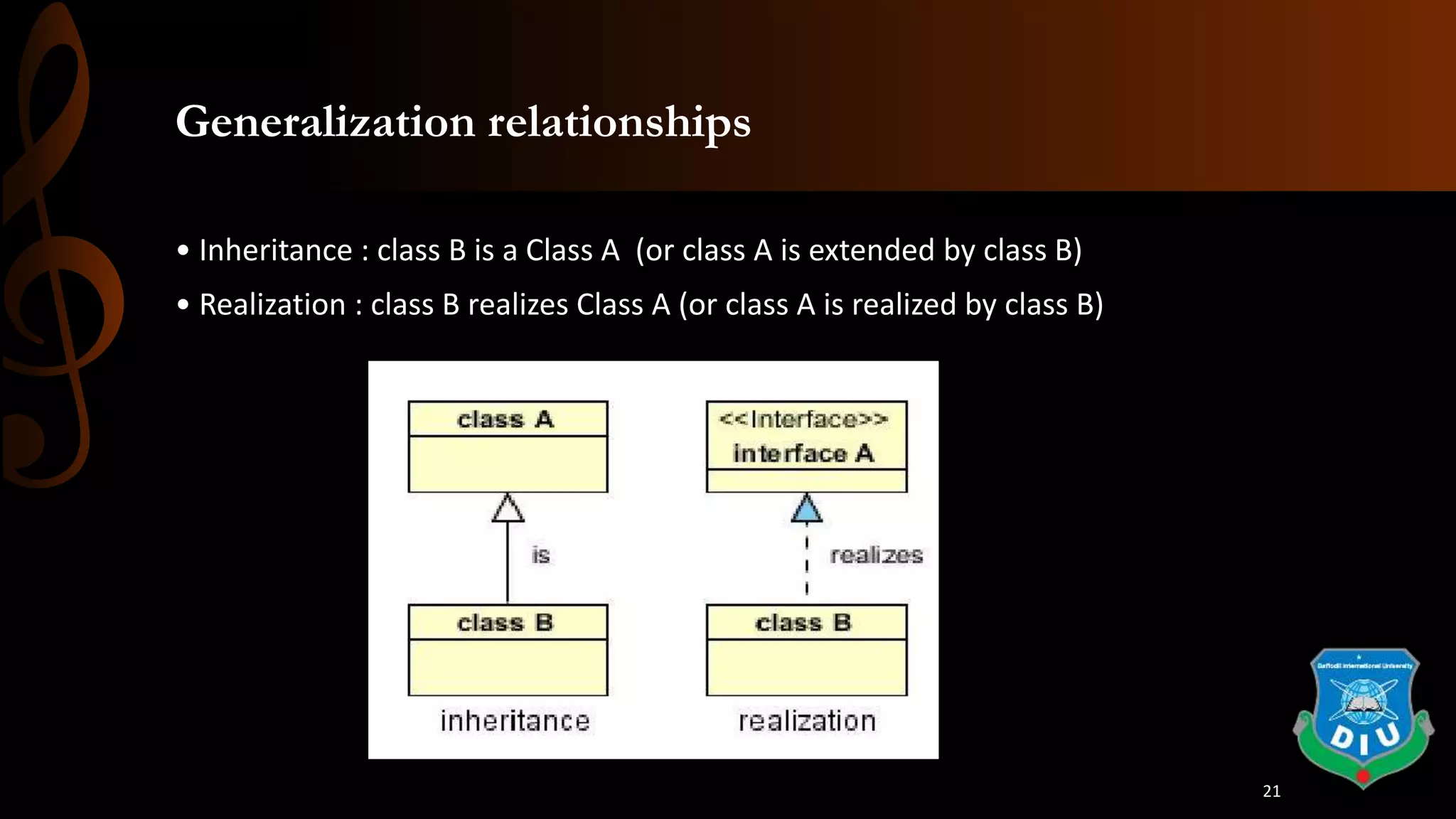 Generalization relationships
• Inheritance : class B is a Class A (or class A is extended by class B)
• Realization : class B realizes Class A (or class A is realized by class B)
21
 