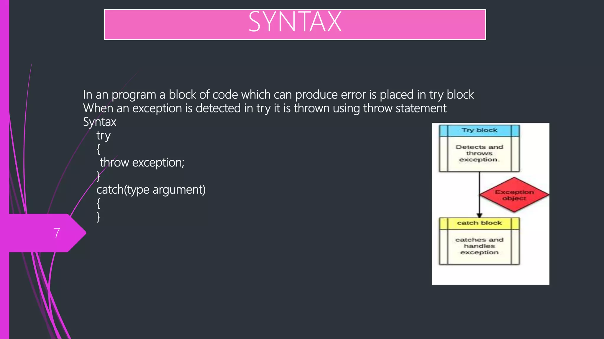 In an program a block of code which can produce error is placed in try block
When an exception is detected in try it is thrown using throw statement
Syntax
try
{
throw exception;
}
catch(type argument)
{
}
SYNTAX
7
 