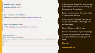 In this example, Shape is the abstract class,
and its implementation is provided by the
Rectangle and Circle classes.
But the implementation class and method
is hidden to the end user.
If we create the Rectangle class and use
the draw() method then Rectangle class
will be invoked.
Same will happen to Circle class.
So when we create an object of rectangle
or circle in the main class and call the
draw() method the desired output will
show.
Output:
drawing circle
 