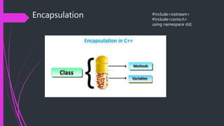 Encapsulation #include<iostream>
#include<conio.h>
using namespace std;
 