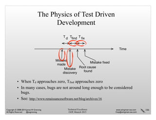 Technical Excellence
OOP, Munich 2015
www.wingman-sw.com
Oop@wingman-sw.com
Copyright © 2008-2014 James W. Grenning	

All Rights Reserved @jwgrenning.
The Physics of Test Driven
Development
• When Td approaches zero, Tfind approaches zero
• In many cases, bugs are not around long enough to be considered
bugs.
• See: http://www.renaissancesoftware.net/blog/archives/16
106
Mistake
discovery
Mistake
made
Root cause
found
Mistake ﬁxed
T d Tﬁnd T ﬁx
Time
 