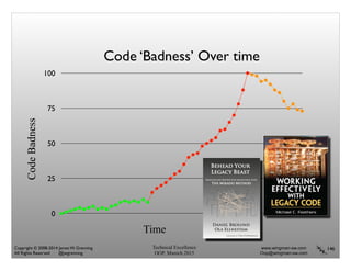 Technical Excellence
OOP, Munich 2015
www.wingman-sw.com
Oop@wingman-sw.com
Copyright © 2008-2014 James W. Grenning	

All Rights Reserved @jwgrenning.
146
Code ‘Badness’ Over time
0
25
50
75
100
CodeBadness
Time
 