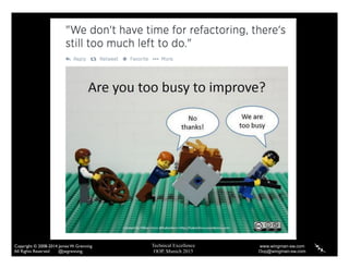 Technical Excellence
OOP, Munich 2015
www.wingman-sw.com
Oop@wingman-sw.com
Copyright © 2008-2014 James W. Grenning	

All Rights Reserved @jwgrenning.
What Slows You Down?
162
 