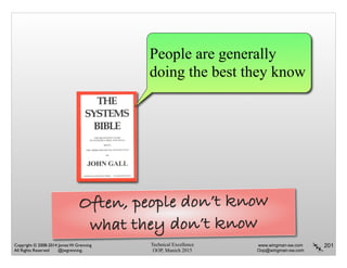 Technical Excellence
OOP, Munich 2015
www.wingman-sw.com
Oop@wingman-sw.com
Copyright © 2008-2014 James W. Grenning	

All Rights Reserved @jwgrenning.
201
People are generally
doing the best they know
Often, people don’t know
what they don’t know
 