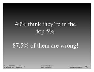 Technical Excellence
OOP, Munich 2015
www.wingman-sw.com
Oop@wingman-sw.com
Copyright © 2008-2014 James W. Grenning	

All Rights Reserved @jwgrenning.
40% think they’re in the
top 5%
!
87.5% of them are wrong!
49
 