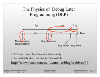 Technical Excellence
OOP, Munich 2015
www.wingman-sw.com
Oop@wingman-sw.com
Copyright © 2008-2014 James W. Grenning	

All Rights Reserved @jwgrenning.
The Physics of Debug Later
Programming (DLP)
• As Td increases, Tfind increases dramatically
• Tfix is usually short, but can increase with Td
http://www.renaissancesoftware.net/blog/archives/16
79
Bug discoveryMistake made
(bug injection)
Bug found Bug ﬁxed
Td Tﬁnd T ﬁx
Time
 