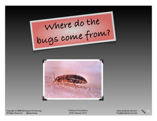 Technical Excellence
OOP, Munich 2015
www.wingman-sw.com
Oop@wingman-sw.com
Copyright © 2008-2014 James W. Grenning	

All Rights Reserved @jwgrenning.
86
Where do the
bugs come from?
 