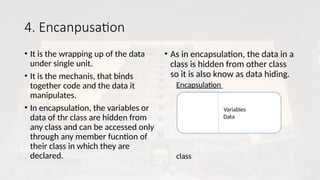 4. Encanpusation
• It is the wrapping up of the data
under single unit.
• It is the mechanis, that binds
together code and the data it
manipulates.
• In encapsulation, the variables or
data of thr class are hidden from
any class and can be accessed only
through any member fucntion of
their class in which they are
declared.
• As in encapsulation, the data in a
class is hidden from other class
so it is also know as data hiding.
Encapsulation
class
VavaVariables
Data
 