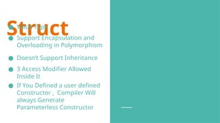 Struct
● Value Type
● Support Encapsulation and
Overloading in Polymorphism
● Doesn’t Support Inheritance
● 3 Access Modifier Allowed
Inside It
● If You Defined a user defined
Constructor , Compiler Will
always Generate
Parameterless Constructor
 
