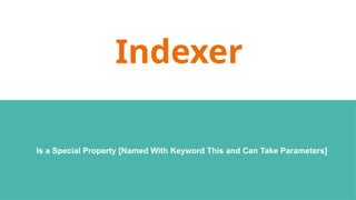 Indexer
Is a Special Property [Named With Keyword This and Can Take Parameters]
 