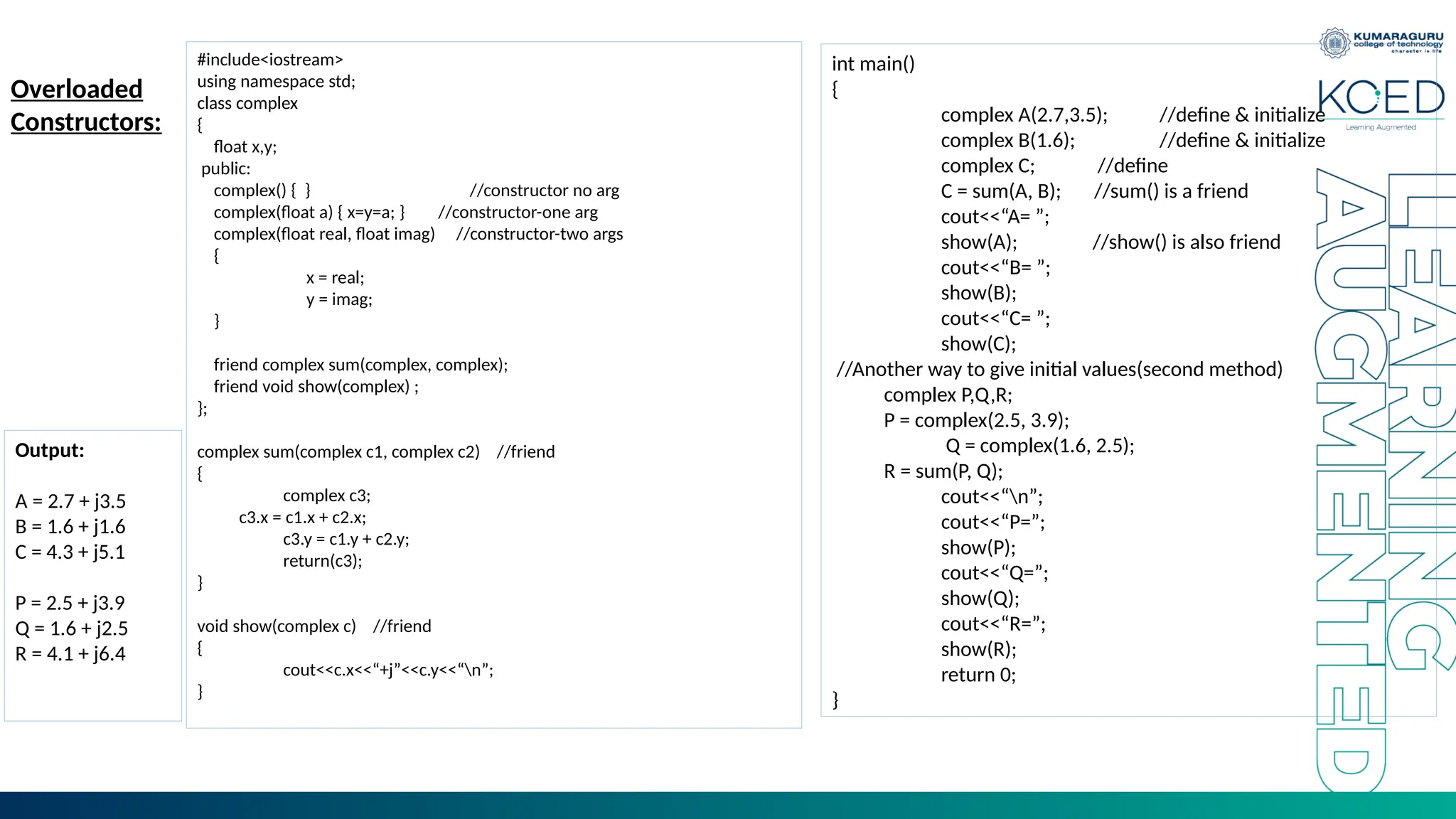 #include<iostream>
using namespace std;
class complex
{
float x,y;
public:
complex() { } //constructor no arg
complex(float a) { x=y=a; } //constructor-one arg
complex(float real, float imag) //constructor-two args
{
x = real;
y = imag;
}
friend complex sum(complex, complex);
friend void show(complex) ;
};
complex sum(complex c1, complex c2) //friend
{
complex c3;
c3.x = c1.x + c2.x;
c3.y = c1.y + c2.y;
return(c3);
}
void show(complex c) //friend
{
cout<<c.x<<“+j”<<c.y<<“n”;
}
Overloaded
Constructors:
int main()
{
complex A(2.7,3.5); //define & initialize
complex B(1.6); //define & initialize
complex C; //define
C = sum(A, B); //sum() is a friend
cout<<“A= ”;
show(A); //show() is also friend
cout<<“B= ”;
show(B);
cout<<“C= ”;
show(C);
//Another way to give initial values(second method)
complex P,Q,R;
P = complex(2.5, 3.9);
Q = complex(1.6, 2.5);
R = sum(P, Q);
cout<<“n”;
cout<<“P=”;
show(P);
cout<<“Q=”;
show(Q);
cout<<“R=”;
show(R);
return 0;
}
Output:
A = 2.7 + j3.5
B = 1.6 + j1.6
C = 4.3 + j5.1
P = 2.5 + j3.9
Q = 1.6 + j2.5
R = 4.1 + j6.4
 