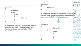 class circle
{
float radius;
public:
circle()
{
radius = 0;
}
};
In this example, the constructor function takes no
argument, and simply initializes radius to zero.
Non-arg constructor is also called as default
constructor.
class circle
{
float radius;
};
In this example, we have not defined any constructor, so
compiler will provide an empty body constructor to the
class, which is called as default constructor.
class circle
{
float radius;
public:
circle()
{
}
};
 