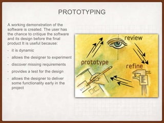 PROTOTYPING
A working demonstration of the
software is created. The user has
the chance to critique the software
and its design before the final
product It is useful because:
• it is dynamic
• allows the designer to experiment
• discover missing requirements
• provides a test for the design
• allows the designer to deliver
some functionality early in the
project
 