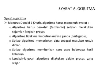 SYARAT ALGORITMA
Syarat algoritma
 Menurut Donald E Knuth, algoritma harus memenuhi syarat :
o Algoritma harus berakhir (terminate) setelah melakukan
sejumlah langkah proses
o Algoritma tidak menimbulkan makna ganda (ambiguous)
o Setiap algoritma memerlukan data sebagai masukan untuk
diolah
o Setiap algoritma memberikan satu atau beberapa hasil
keluaran
o Langkah-langkah algoritma dilakukan dalam proses yang
wajar
 