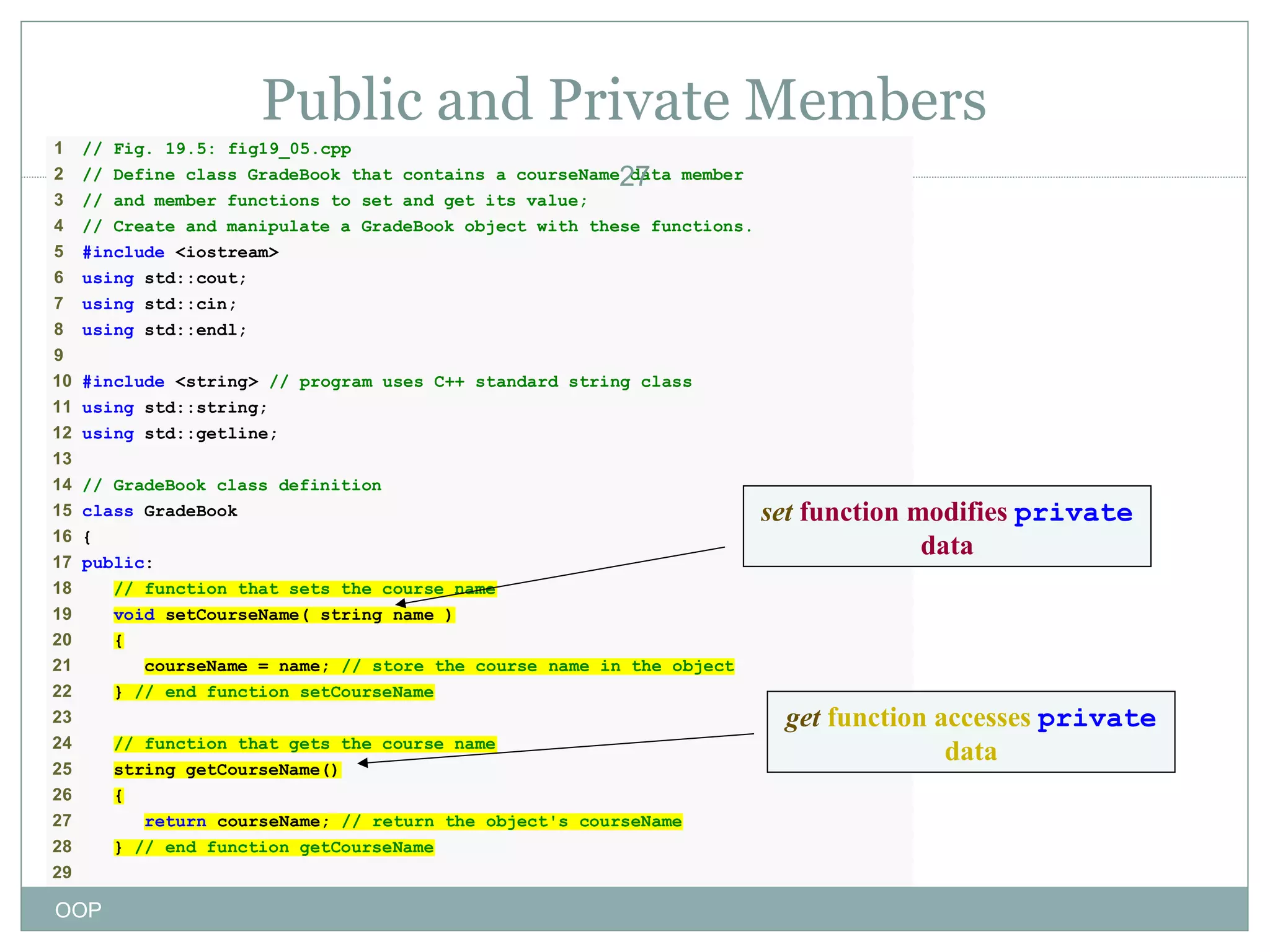Public and Private Members
1
2

// Fig. 19.5: fig19_05.cpp
// Define class GradeBook that contains a courseName data member

3
4
5

// and member functions to set and get its value;
// Create and manipulate a GradeBook object with these functions.
#include <iostream>

6
7
8
9
10
11
12
13

using std::cout;
using std::cin;
using std::endl;

27

#include <string> // program uses C++ standard string class
using std::string;
using std::getline;

14 // GradeBook class definition
15 class GradeBook
16 {
17 public:
18
// function that sets the course name
19
void setCourseName( string name )
20
{
21
courseName = name; // store the course name in the object
22
} // end function setCourseName
23
24
// function that gets the course name
25
string getCourseName()
26
{
27
return courseName; // return the object's courseName
28
} // end function getCourseName
29

OOP

set function modifies private
data

get function accesses private
data

 