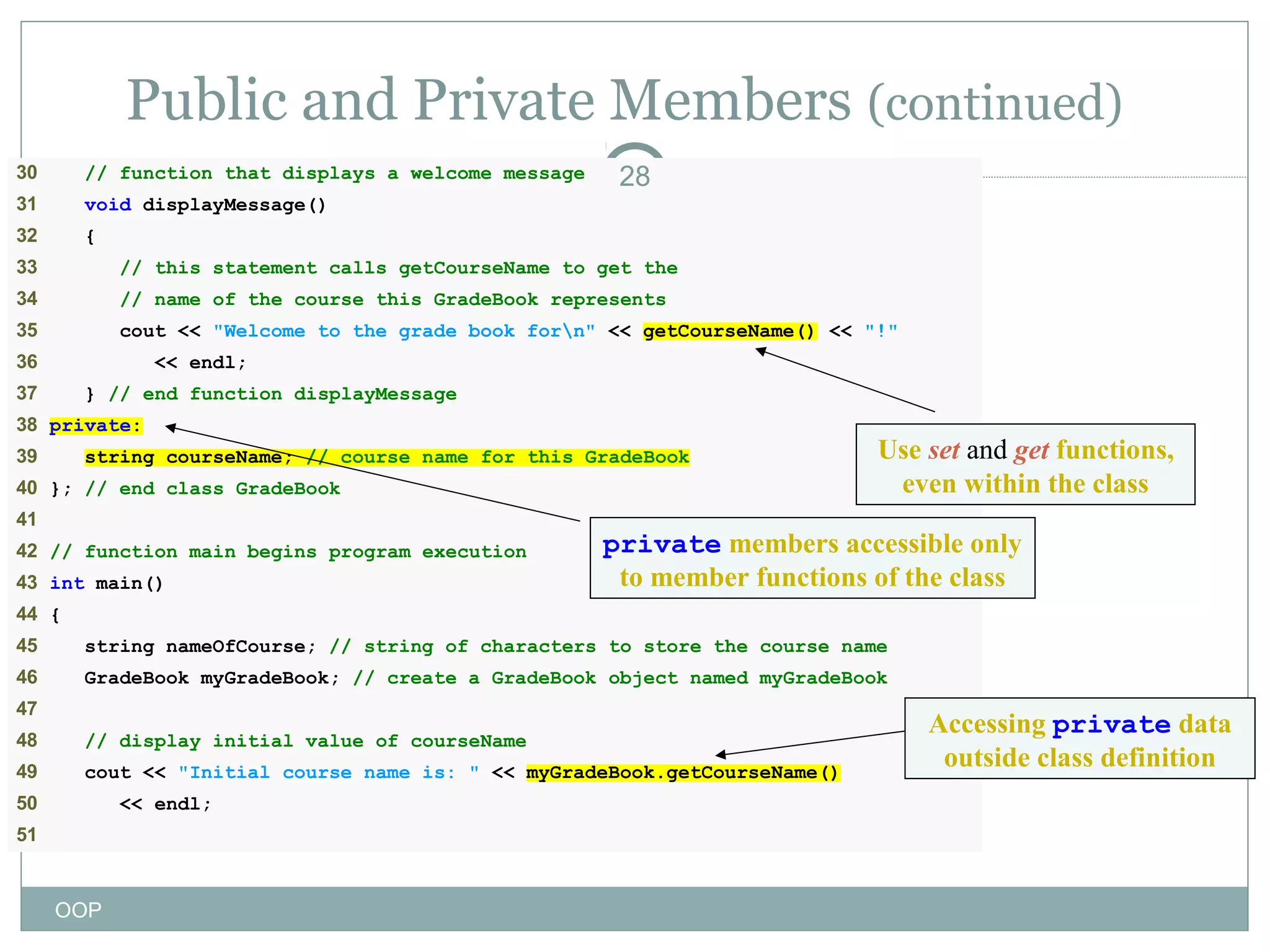Public and Private Members (continued)
30

// function that displays a welcome message

31
32

28

void displayMessage()
{

33

// this statement calls getCourseName to get the

34

// name of the course this GradeBook represents

35

cout << "Welcome to the grade book forn" << getCourseName() << "!"

36

<< endl;

37

} // end function displayMessage

38 private:
39

string courseName; // course name for this GradeBook

40 }; // end class GradeBook
41
42 // function main begins program execution
43 int main()

Use set and get functions,
even within the class

private members accessible only
to member functions of the class

44 {
45

string nameOfCourse; // string of characters to store the course name

46

GradeBook myGradeBook; // create a GradeBook object named myGradeBook

47
48

// display initial value of courseName

49

cout << "Initial course name is: " << myGradeBook.getCourseName()

50

<< endl;

51

OOP

Accessing private data
outside class definition

 