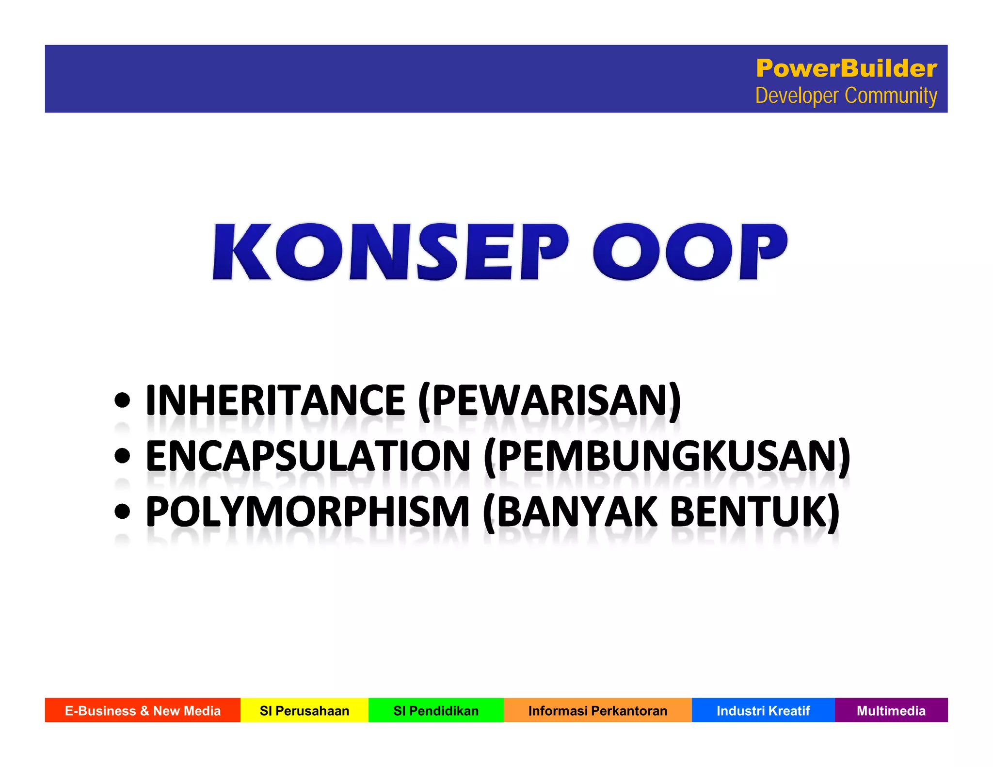 E-Business & New Media SI Perusahaan SI Pendidikan Informasi Perkantoran Industri Kreatif Multimedia
PowerBuilder
Developer Community
 