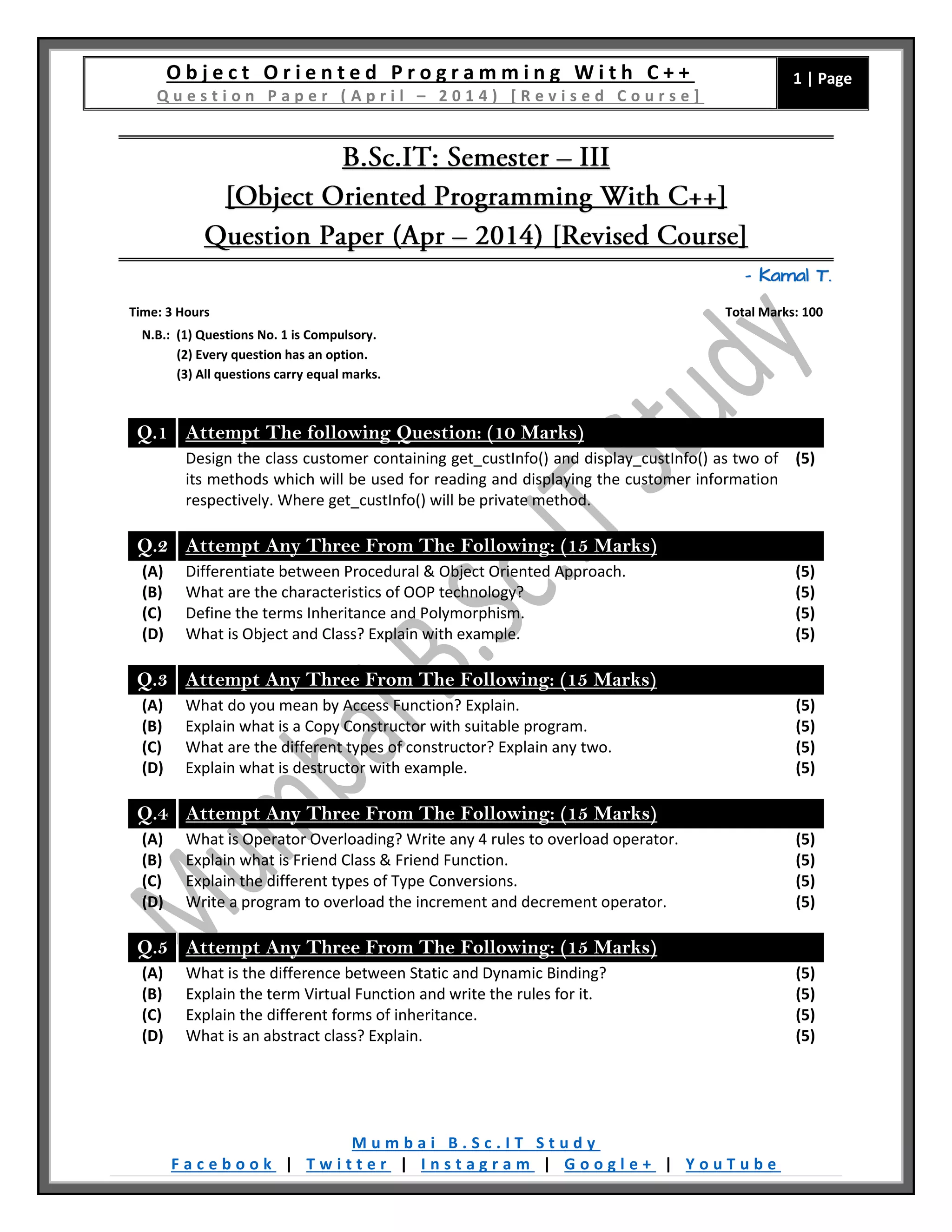 [Question Paper] Object Oriented Programming With C++ (Revised Course ...