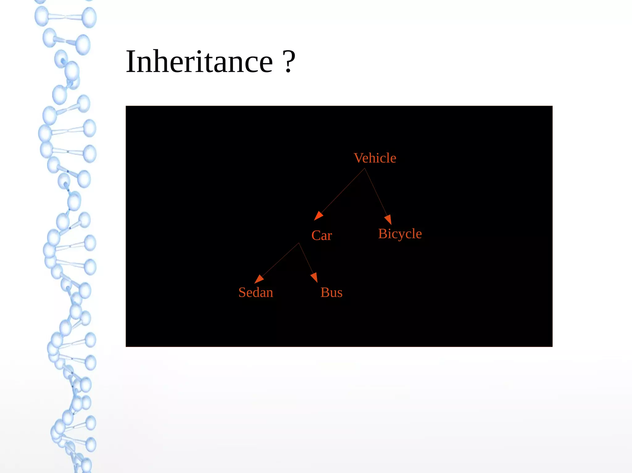 Inheritance ?
Vehicle

Car

Sedan

Bus

Bicycle

 