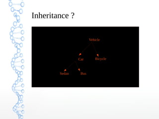 Inheritance ?
Vehicle

Car

Sedan

Bus

Bicycle

 