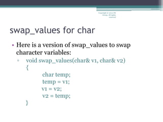 swap_values for char
• Here is a version of swap_values to swap
character variables:
▫ void swap_values(char& v1, char& v2)
{
char temp;
temp = v1;
v1 = v2;
v2 = temp;
}
Copyright © 2012 IM
Group. All rights
reserved
 
