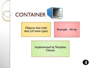 CONTAINER
Objects that hold
data (of same type)
Example :Array
Implemented by Template
Classes
4
 